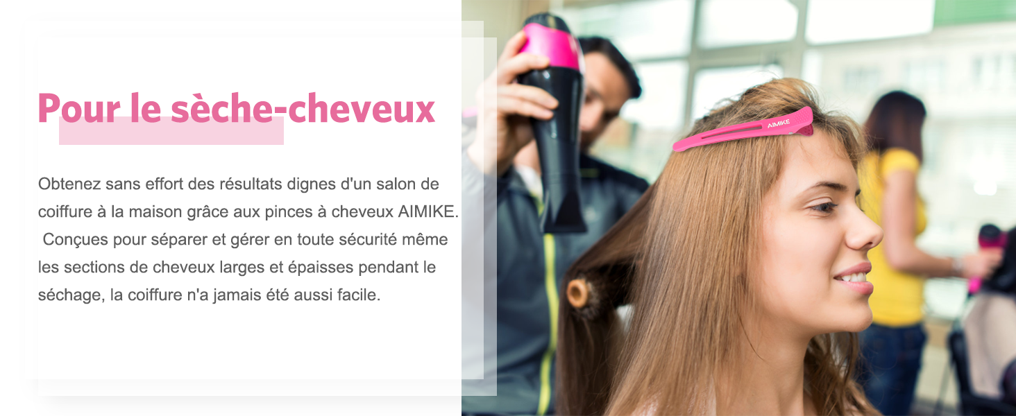 Femme utilisant un accessoire de sèche-cheveux sur ses cheveux. Texte en français décrivant un accessoire de séchage visible sur l'image.