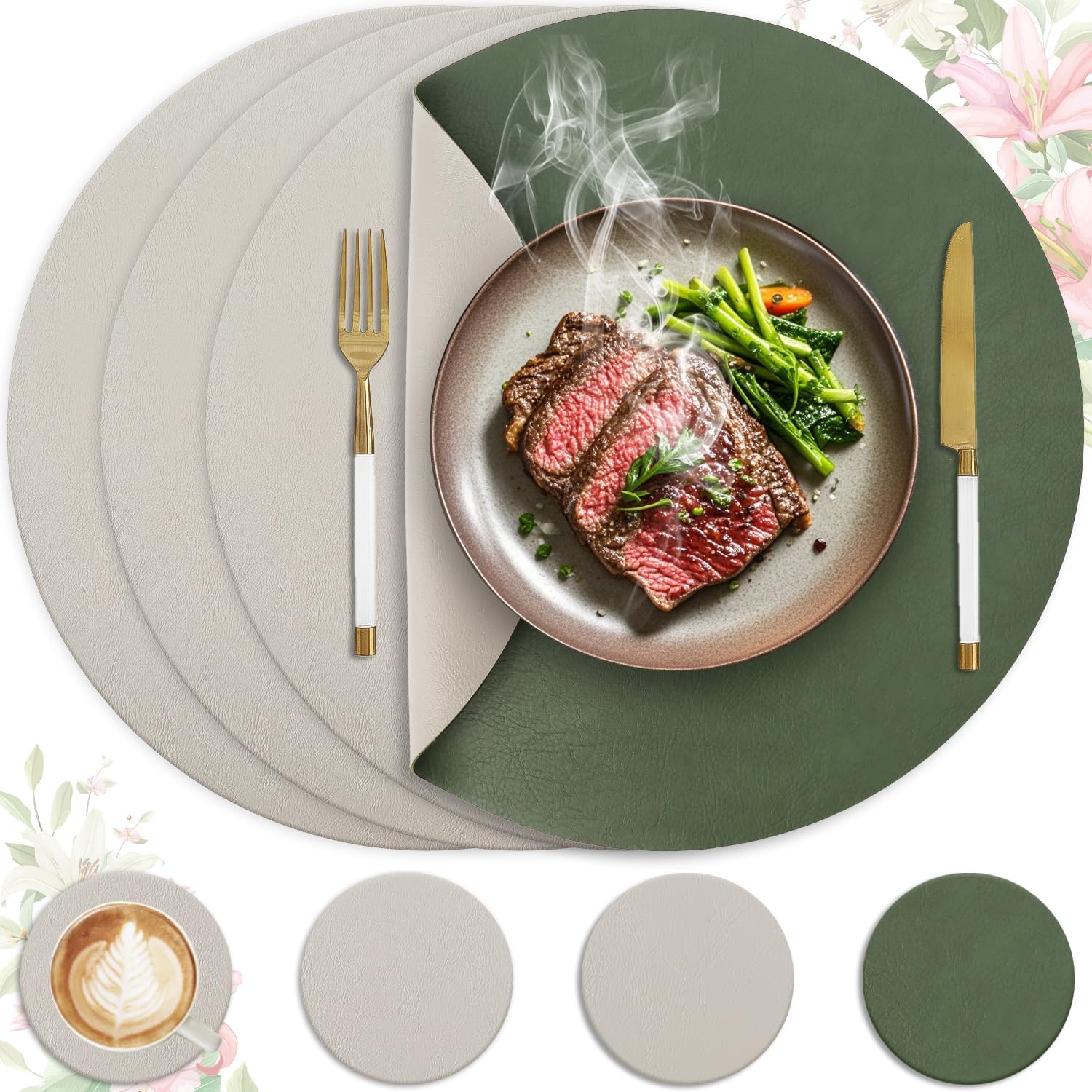 Set de table - lot de 4, cuir PU double face, 36x36cm, lavables, antidérapants