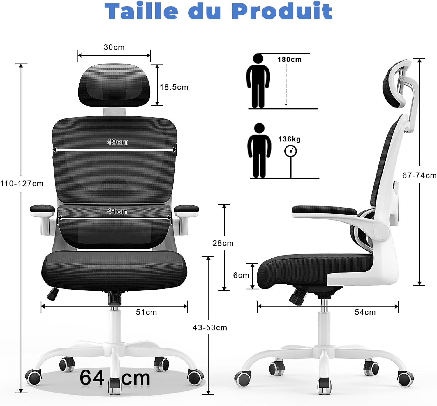 Chaise de bureau ergonomique - support lombaire C - réglable, maille, noir/blanc, appui-tête, accoudoirs réversibles