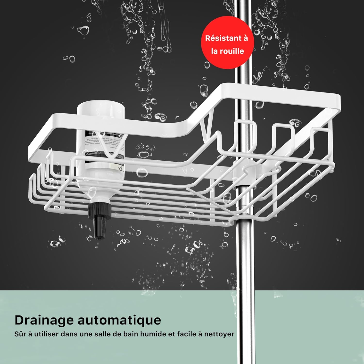 KEGII - étagère de douche 4 niveaux, largeur 63,5-290 cm, blanc brillant, télescopique, sans perçage, rangement avec pan