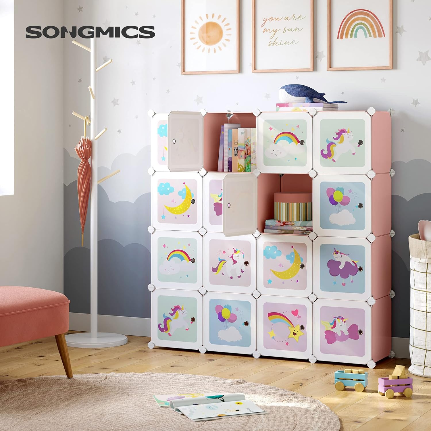 SONGMICS - armoire modulable enfant - 123x31x123cm - 16 cubes, portes, rose LPC906P01
