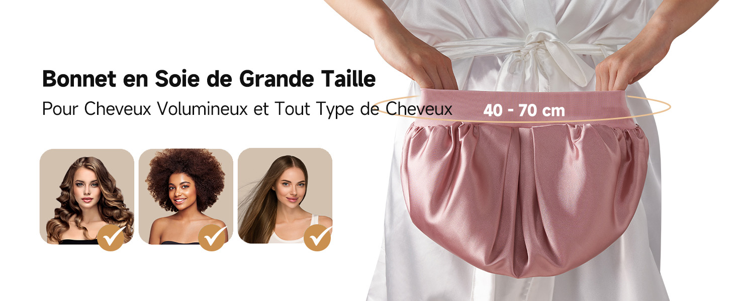 pour cheveux volumineux et pour tous les types de cheveux. Le produit présenté est accroché à un tissu blanc, avec une taille comprise entre 40 et 70 cm. Trois images présentent les différentes coiffures qu'il convient.