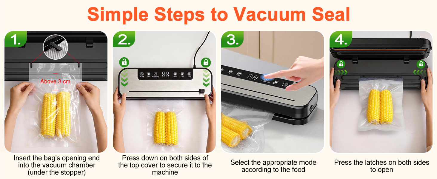 Le texte indique « Étapes simples pour sceller sous vide ». Panneaux d'instructions étape par étape montrant le processus de scellage sous vide avec un dispositif de scellage jaune et des sacs de rangement transparents.