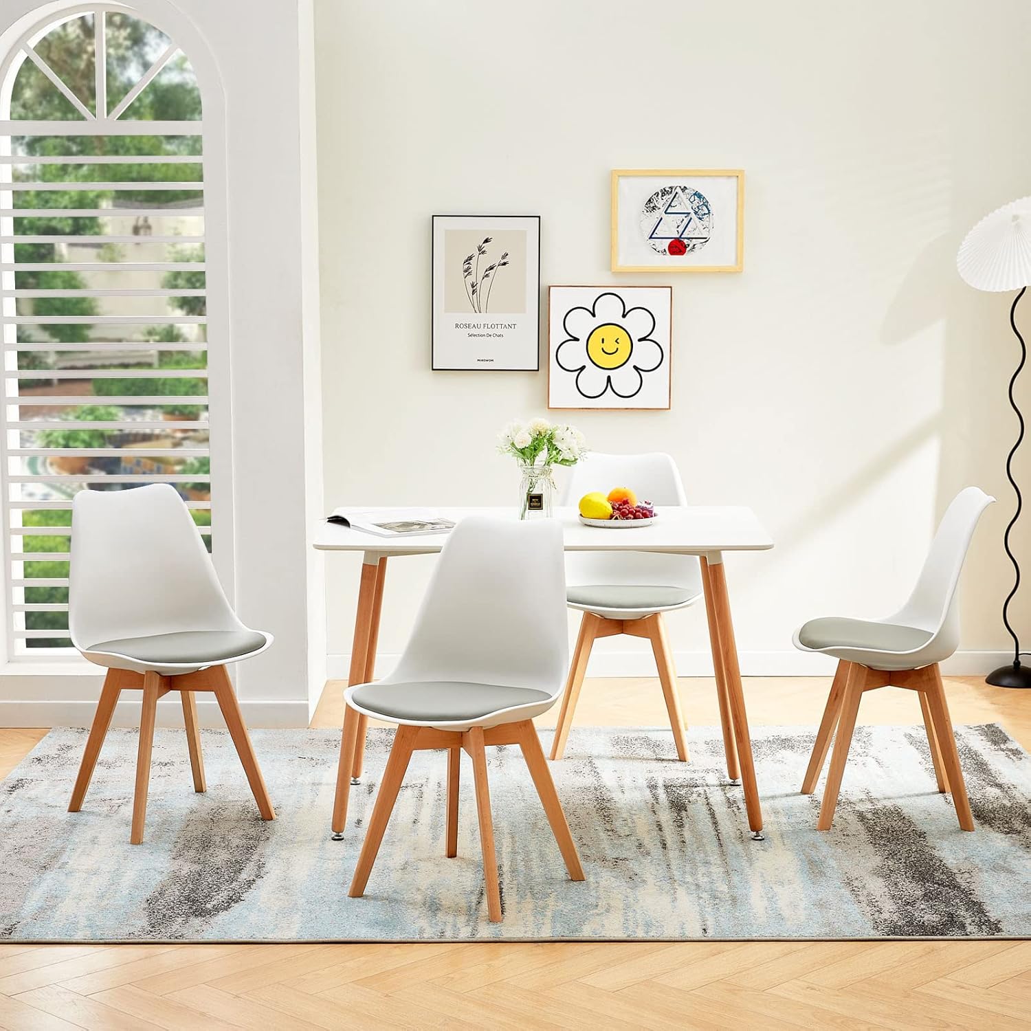 EGGREE - Lot de 4 chaises - bois hêtre, coussin PU, blanc/gris, design scandinave