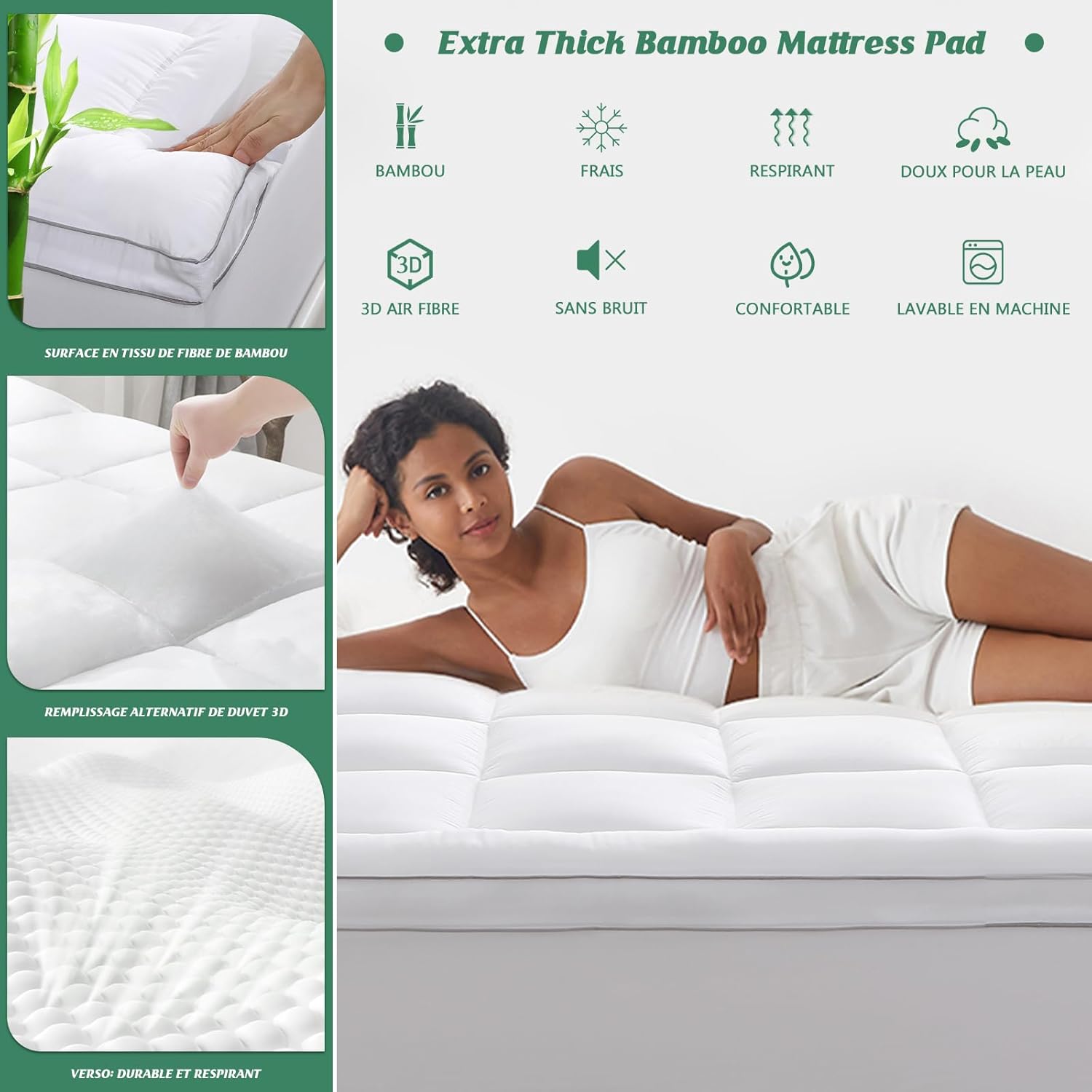 GRT - surmatelas épais 90x190cm, bambou ultra-doux, 6cm, respirant
