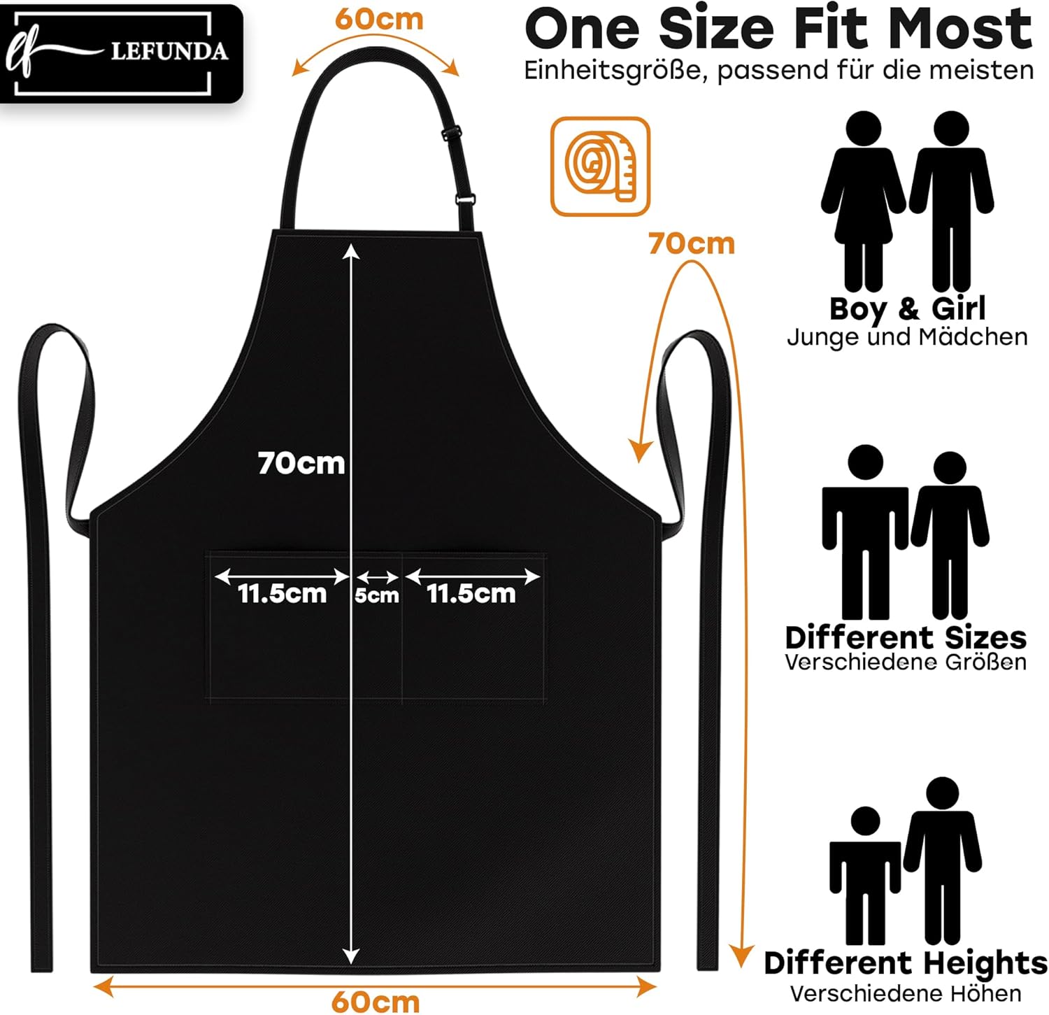 LEFUNDA - tablier cuisine réglable, 3 poches, étanche, longues lanières