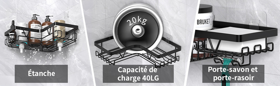 Trois accessoires de rangement pour salle de bain présentés : une étagère d'angle, un indicateur de capacité de poids indiquant la limite de 40,6 kg et un porte-savon/rasoir mural