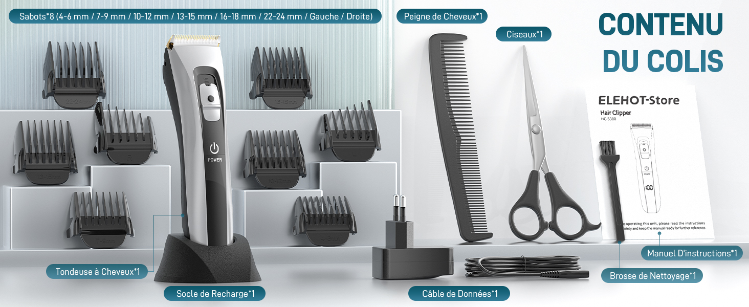 Le texte se lit comme suit : « CONTENU DU COLIS ». Présentoir de produits présentant des accessoires pour tondeuses à cheveux, des ciseaux et des accessoires de toilettage organisés en gamme.