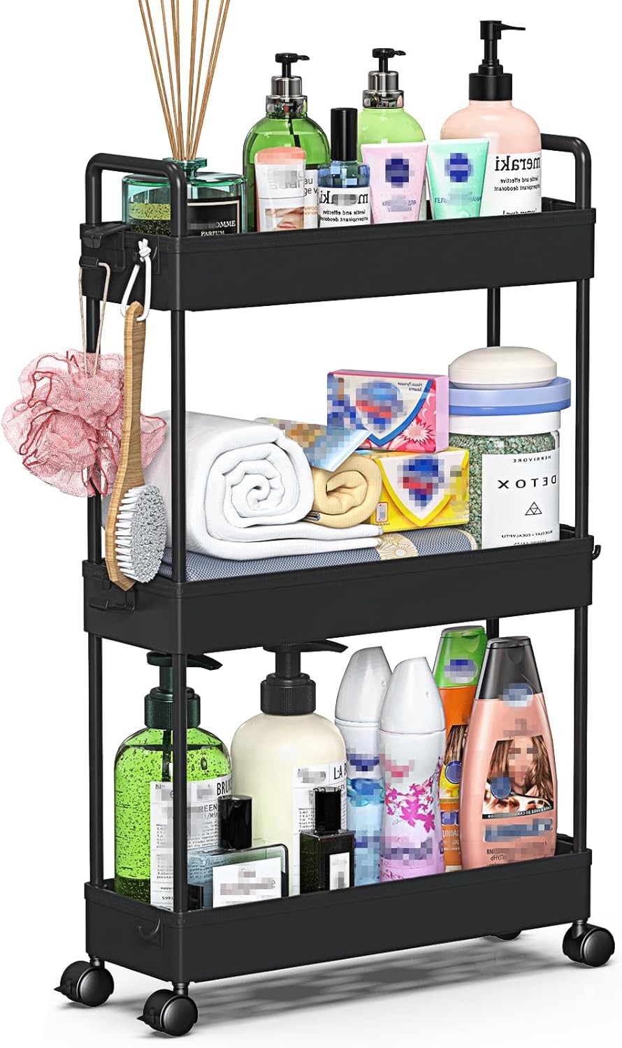 SOLEJAZZ - Chariot de rangement 3 étagères plastique, noir, mobile, compact - SOLEJAZZ