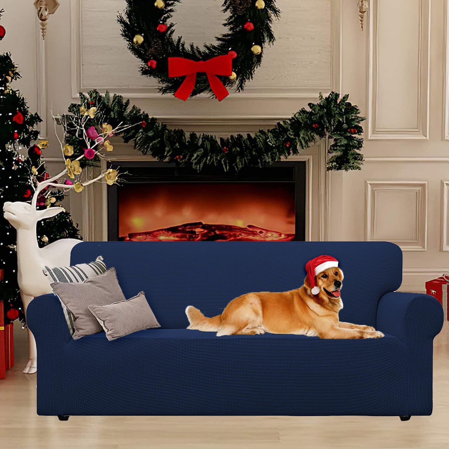 Housse canapé 1 place, extensible, accoudoirs, antidérapant, bleu