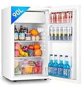 Le texte indique « 90L ». Réfrigérateur blanc compact rempli de boissons et de produits frais. L'intérieur montre une organisation claire avec des portes de rangement et de multiples étagères.