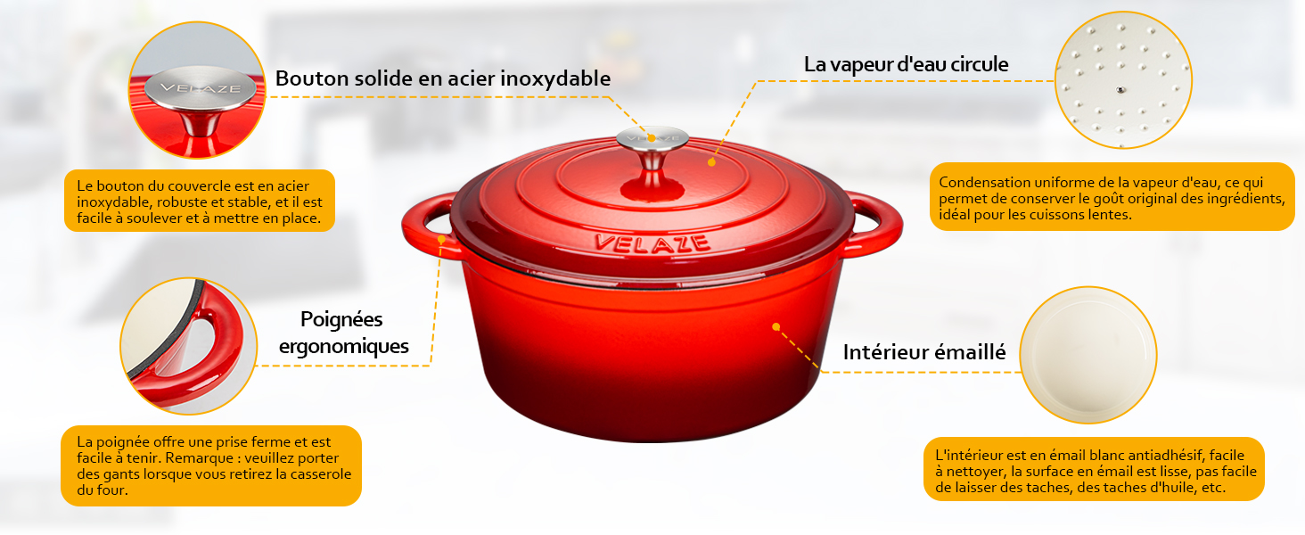 avec couvercle. Le diagramme met en évidence des caractéristiques telles que le bouton en acier inoxydable solide, les pointes de vapeur circulaires et les poignées ergonomiques