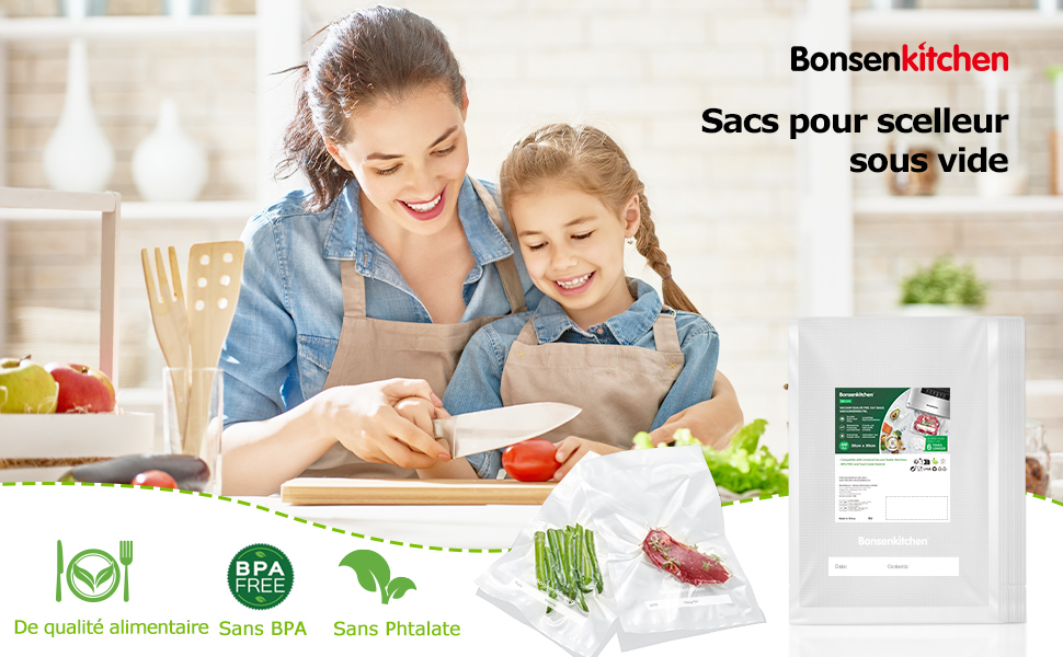 Collection d'images de style de vie illustrant la préparation des repas et les activités de cuisine, avec diverses icônes indiquant les caractéristiques ou les avantages du produit.