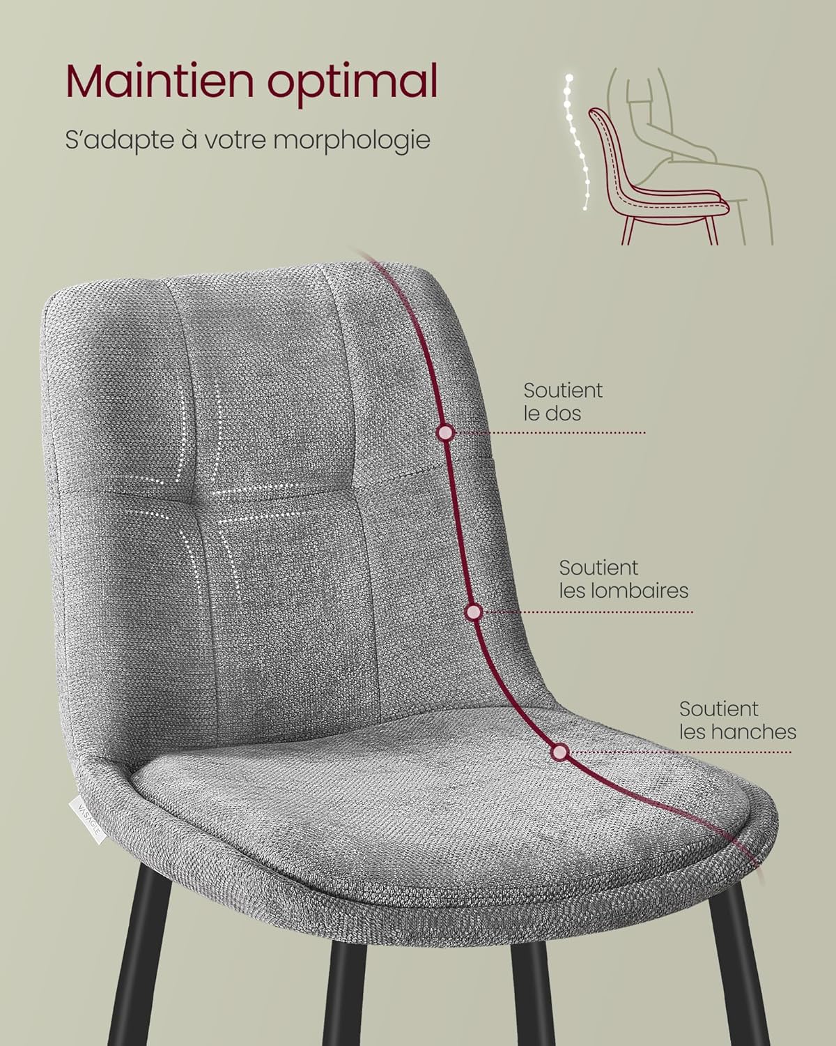 VASAGLE - Lot de 6 chaises modernes, métal, chenille, 120 kg, KDC151G16