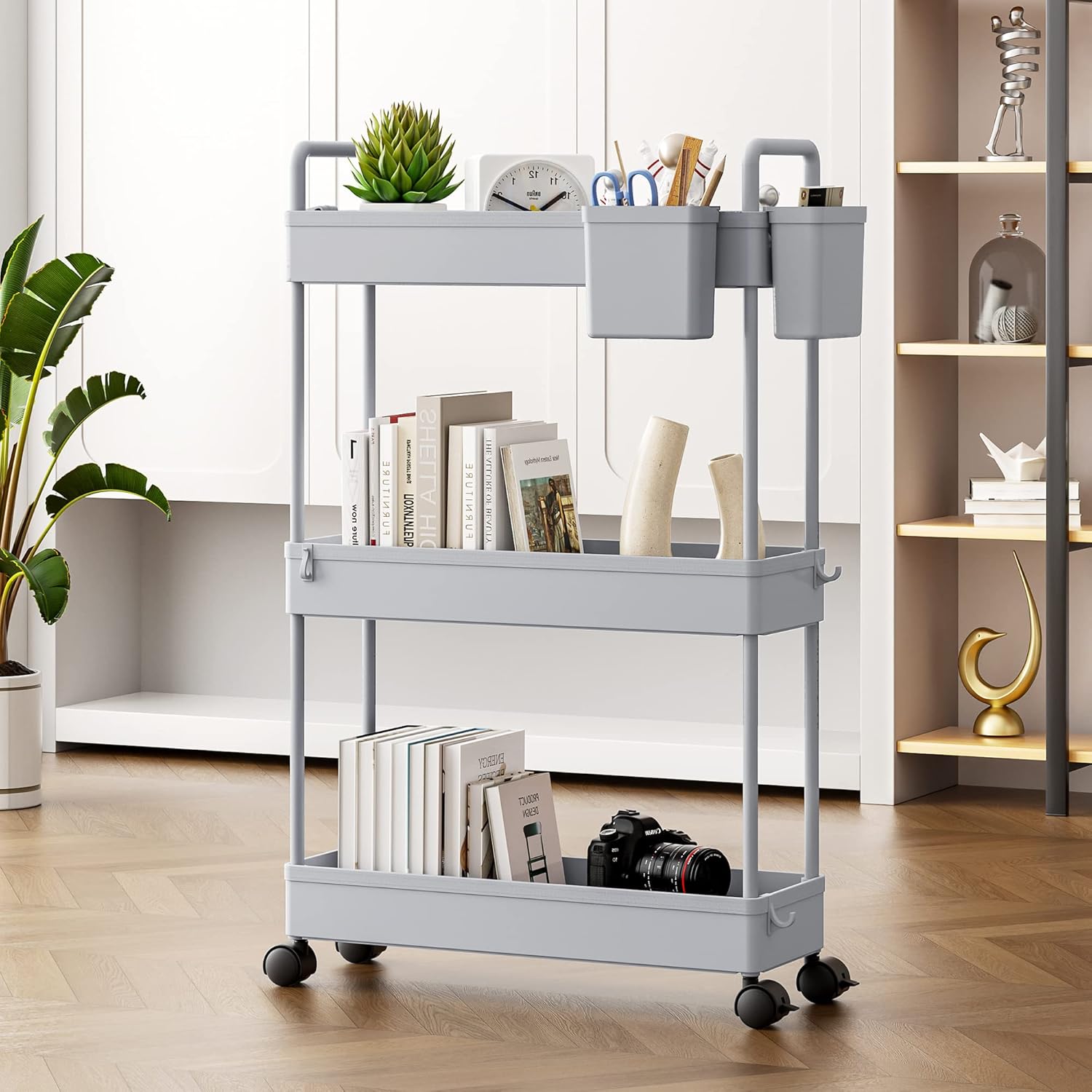 SOLEJAZZ - chariot 3 niveaux mobile gris - rangement compact cuisine, salle de bain