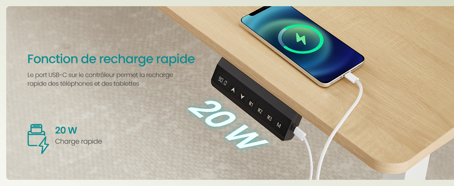 Le texte indique « Fonction de recharge rapide ». Démonstration de la fonction de recharge sans fil montrant un smartphone posé sur une surface en bois avec indicateur de charge.