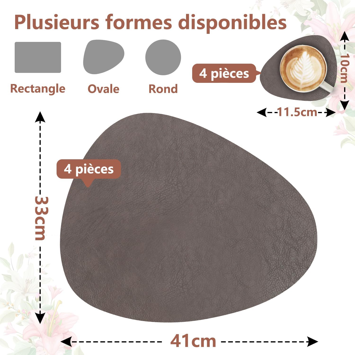 Set de table - ovale, 41x33cm, lavable, antidérapant, cuir PU, lot de 4