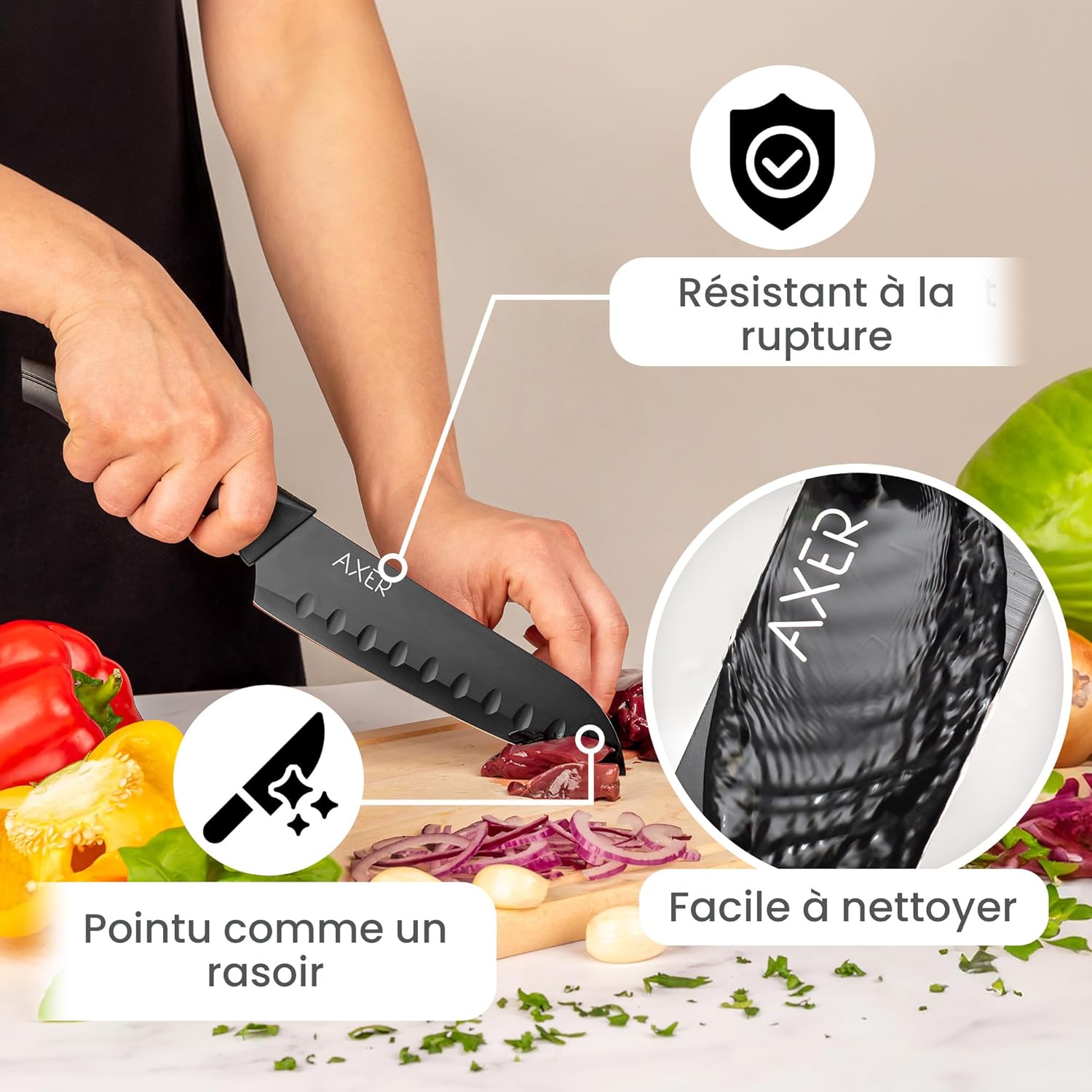Axer - Couteau Santoku série cuisine japonaise - 18 cm lame acier, manche ergonomique