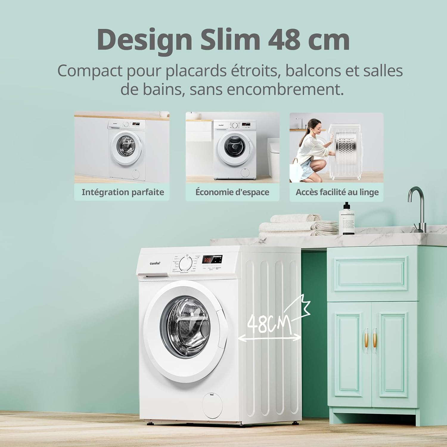 COMFEE' - Lave-linge frontal 8kg, classe A, moteur BLDC, 15 programmes, CFE12EW80/W-FR