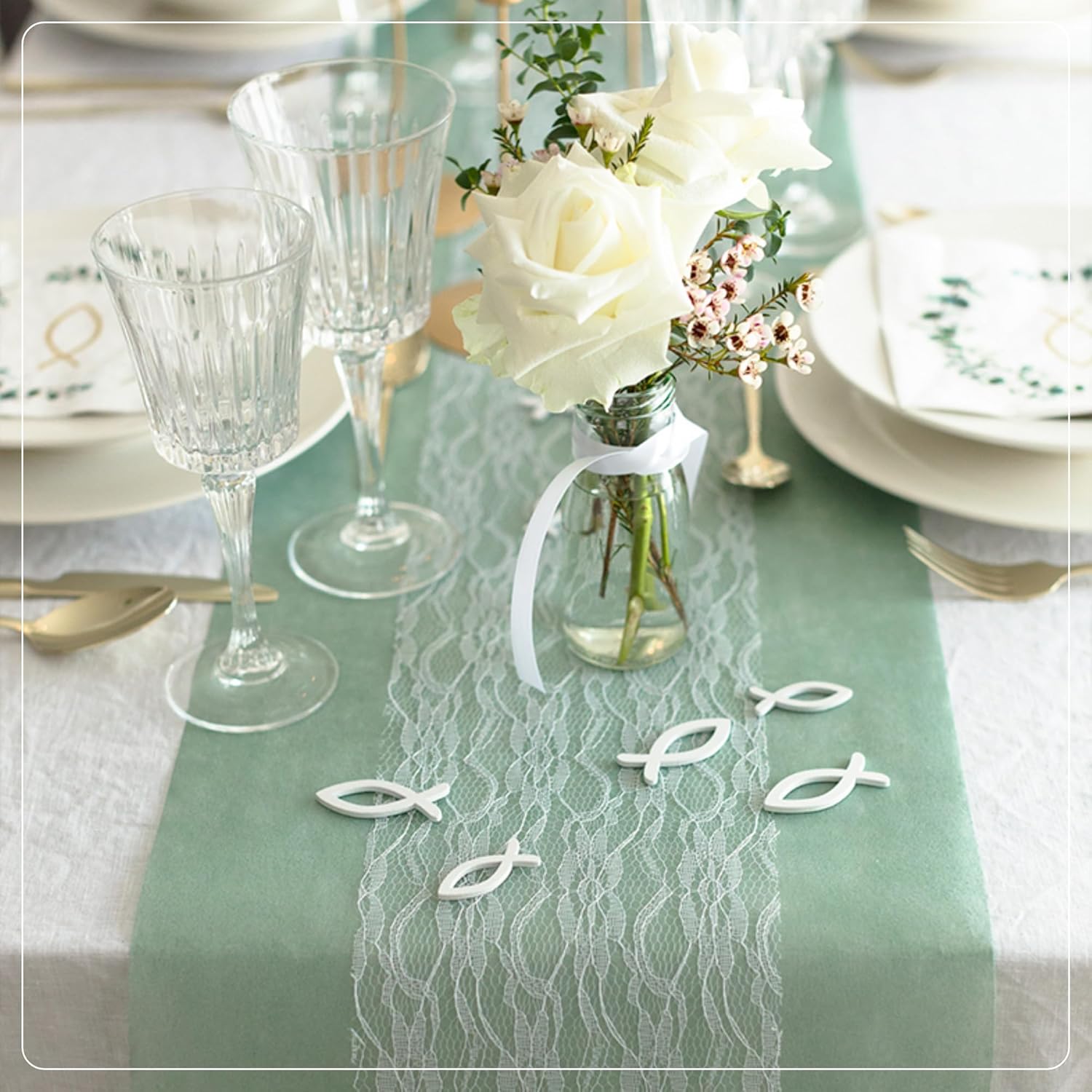 100%Mosel - Chemin de table, vert eucalyptus - 30x2500cm - non-tissé décoratif pour fêtes