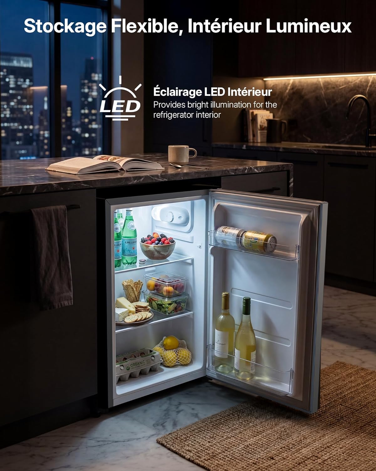Upstreman - petit frigo 71L - 7 modes, LED, 40dB, économe - CR71-Argent