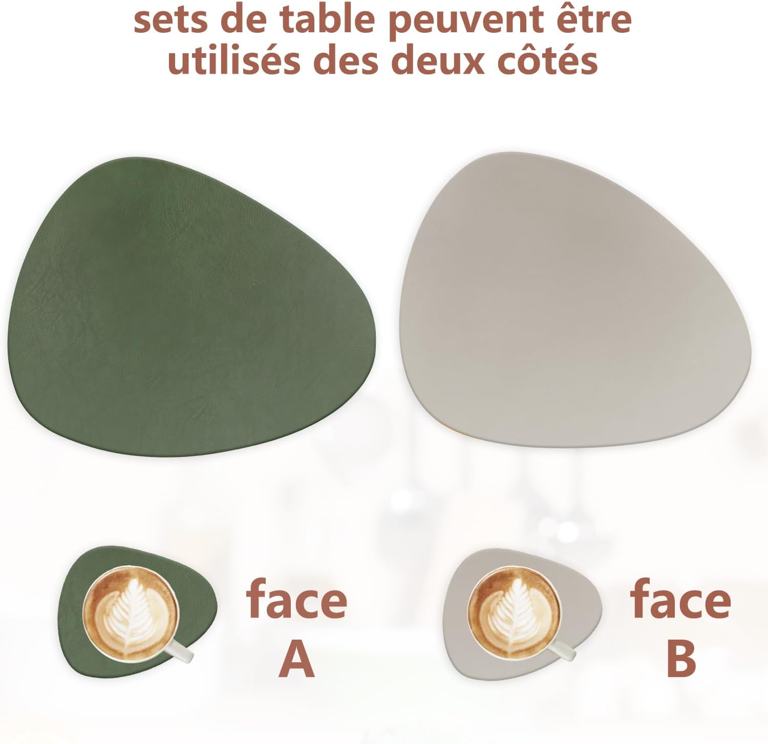 Set de table - lot 6 ovale 41x33cm - lavable, antidérapant, cuir PU, vert/gris
