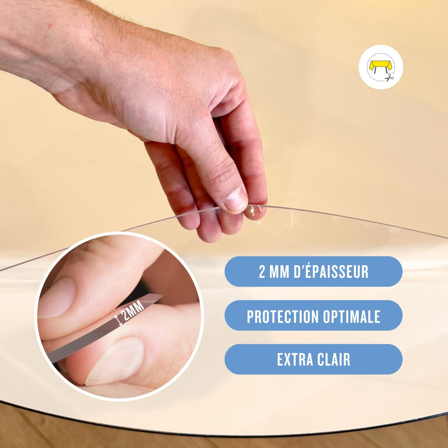 Nappe transparente ronde 125 cm, épaisseur 2mm, lavable, résistante