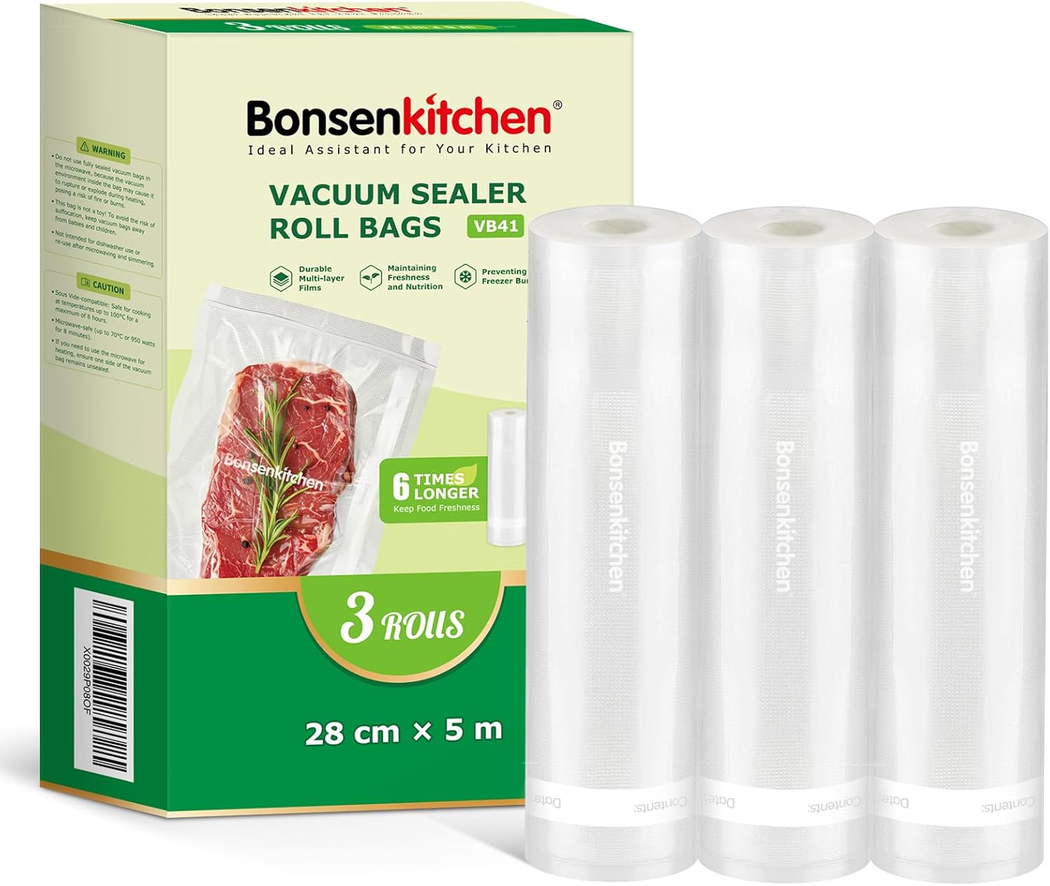 Bonsenkitchen - sacs sous vide VB41 - 28x500cm - 3 rouleaux, sans BPA