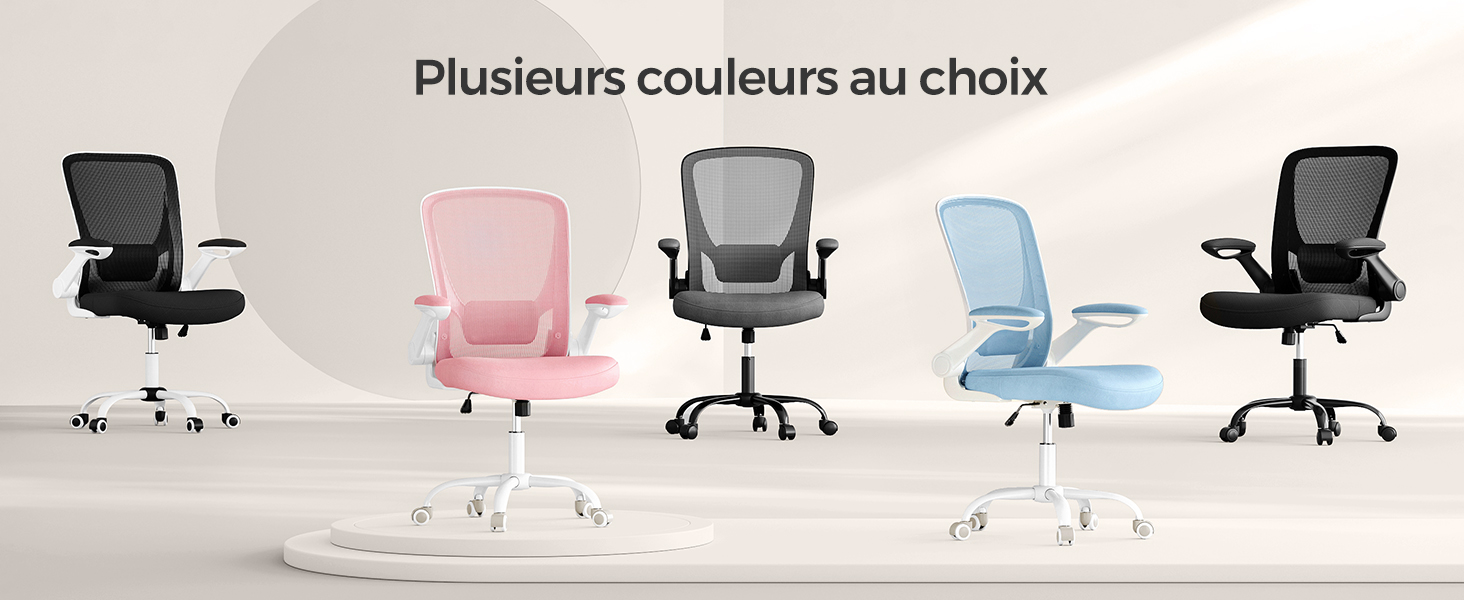 Cinq chaises de bureau de différentes couleurs : noir, rose, deux nuances de gris et bleu clair. Toutes sont dotées d'un dossier en maille et d'une hauteur réglable.