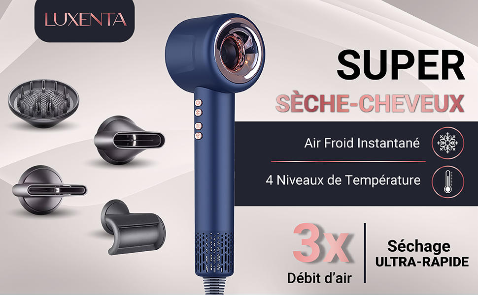 Le texte indique « SUPER SÈCHE-CHEVEUX », « Air Froid Instantané », « 4 Niveaux de Température », « ULTRA-RAPIDE », « Débit d'air ». Interface du produit affichant les commandes de température et de débit d'air.