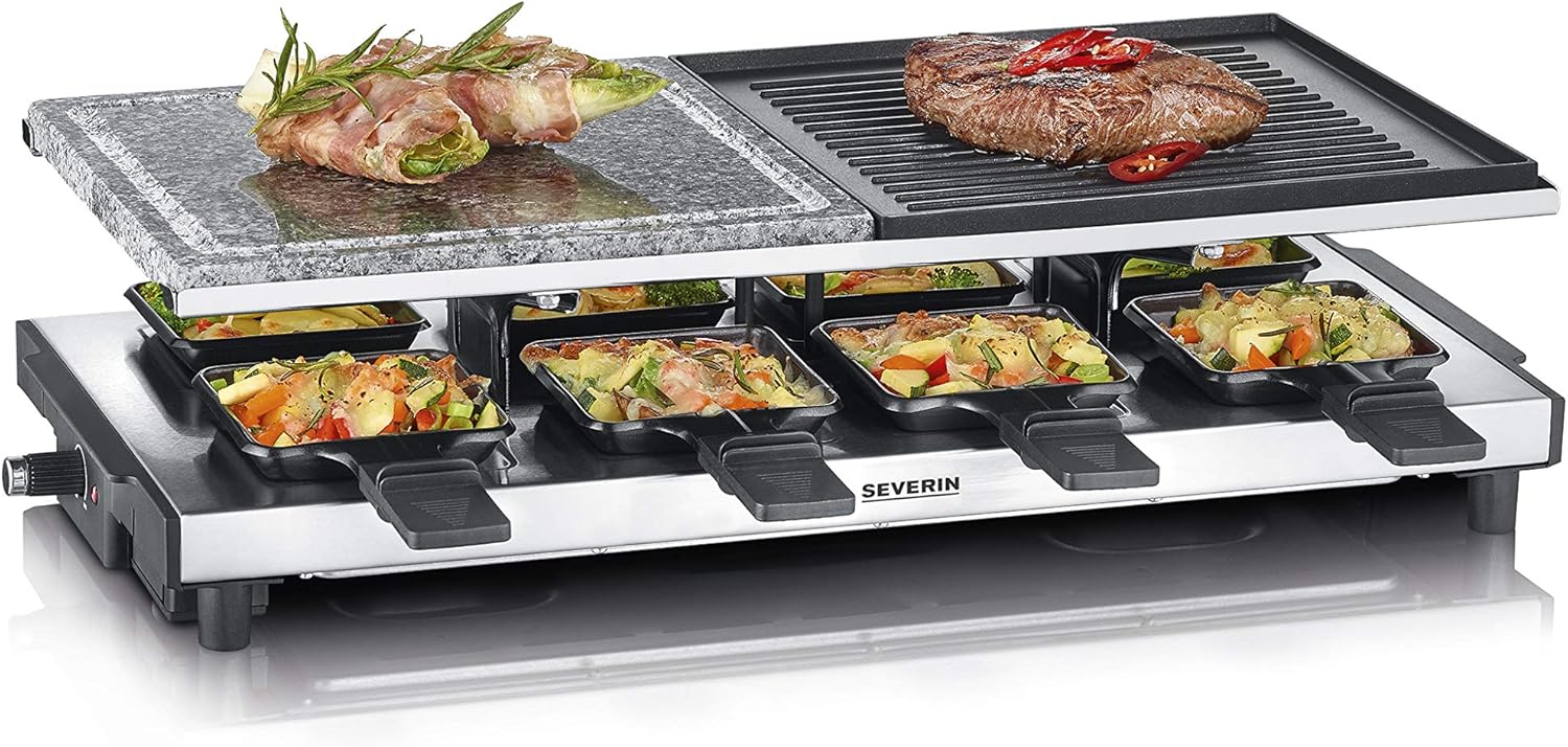 SEVERIN - Gril raclette 1500W, pierre cuisson, 8 poêlons, RG 2373