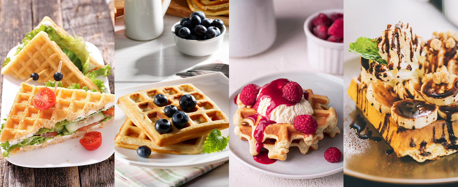 Quatre images de gaufres avec différentes garnitures : salées aux tomates, nature aux myrtilles, garnies de framboises et enrobées de chocolat avec des noix