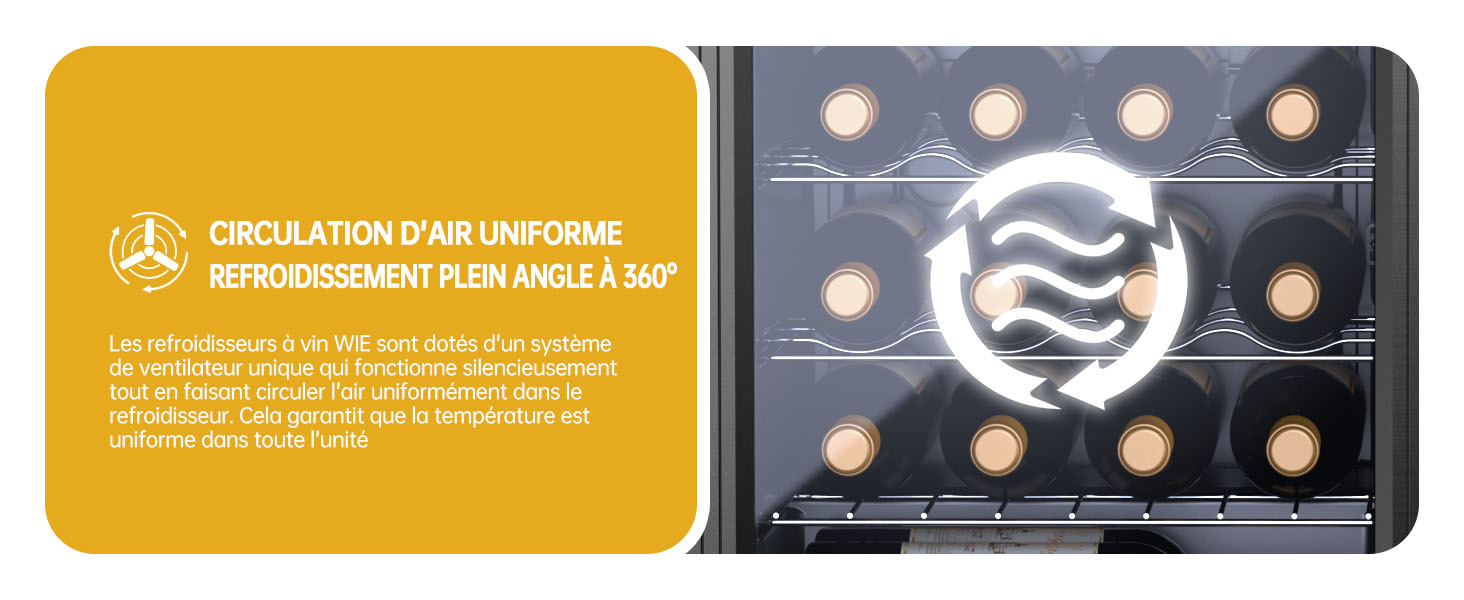 Intérieur du four avec plusieurs ampoules disposées en rangées, montrant une circulation d'air uniforme. Texte en français visible sur un panneau jaune décrivant la fonction de circulation.