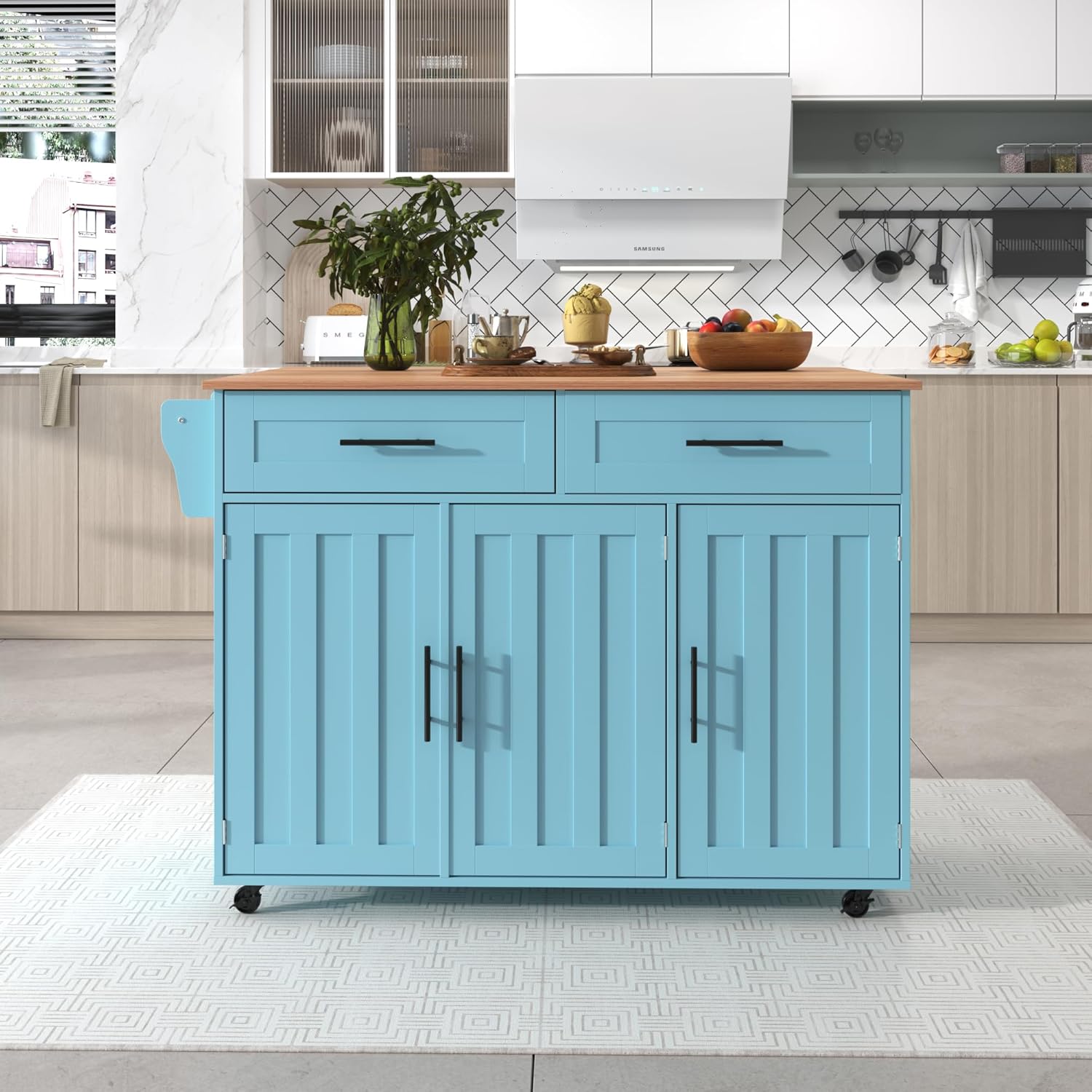 Desserte îlot de cuisine sur roulettes - 129x71x91,5 cm - plans rabattables, 2 tiroirs, 3 portes, bleu