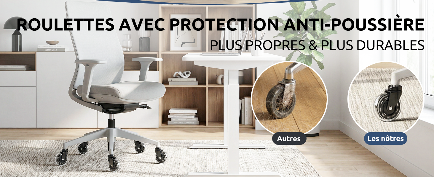Le texte indique « ROULETTES AVEC PROTECTION ANTI-POUSSIÈRE ». Ensemble de roulettes ou de roues pour meubles avec caractéristiques de protection contre la poussière, présenté dans une mise en page promotionnelle.
