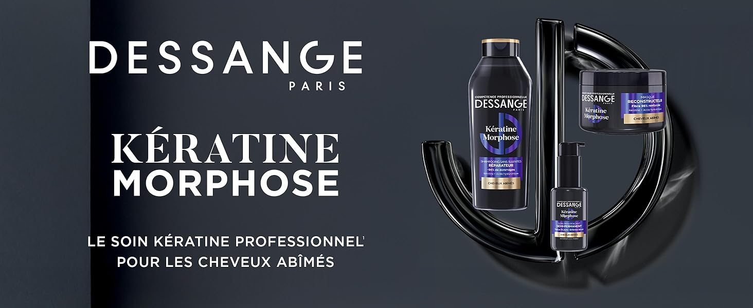 Le texte indique « DESSANGE KÉRATINE MORPHOSE ». Bannière promotionnelle foncée montrant la marque d'un produit de soins capillaires avec une typographie stylisée et des éléments de design.