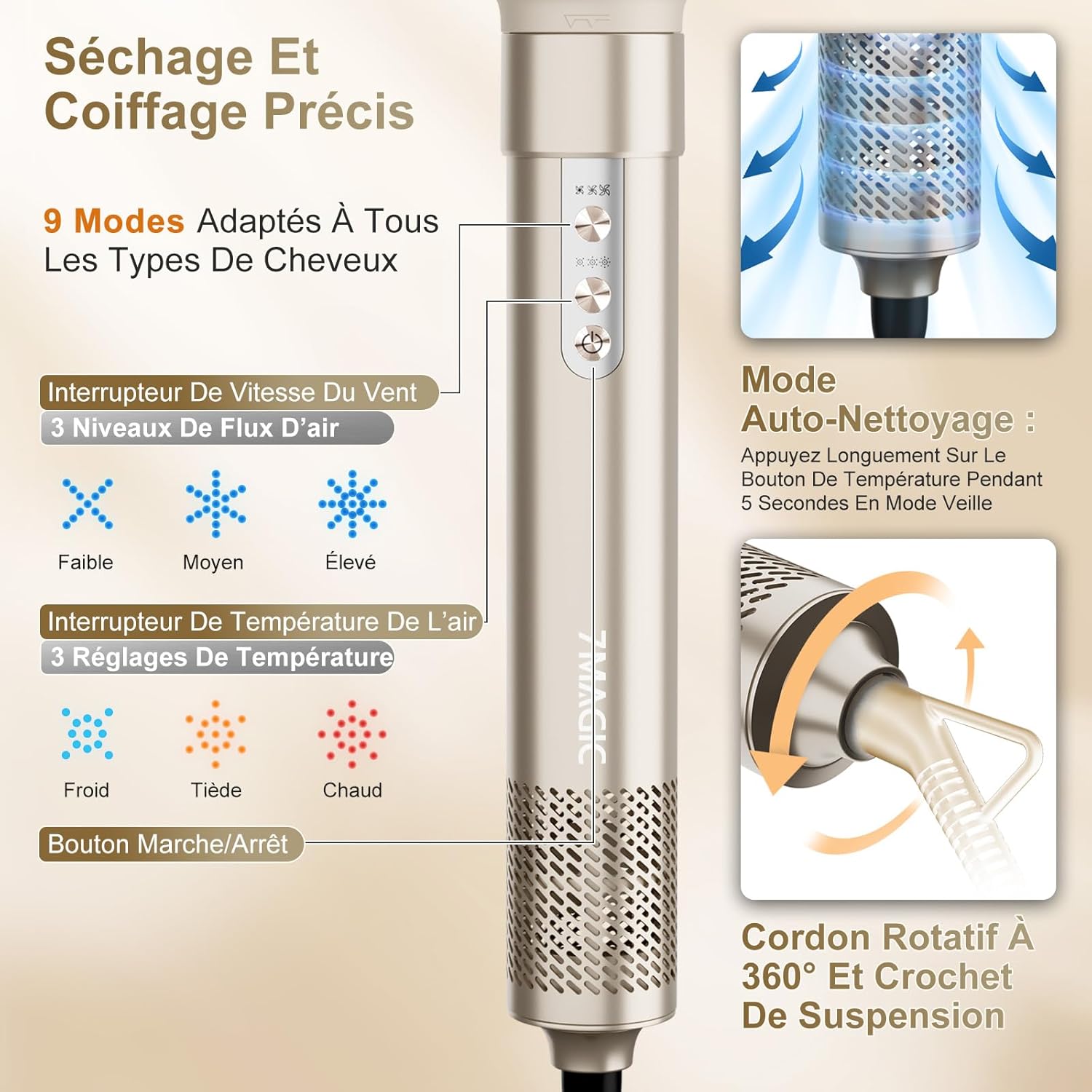 7MAGIC - Air Styler 6 en 1 - compact - ionique, boucleur automatique, brosse lissante, sac de voyage - 7MAGIC