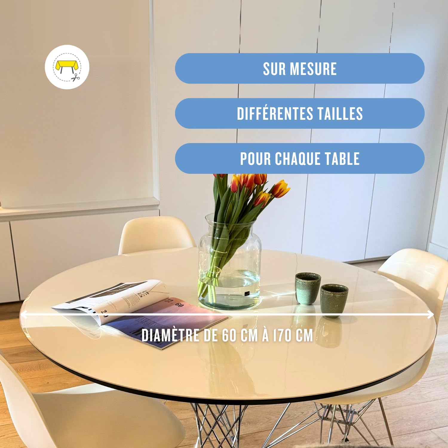 Nappe transparente ronde 125 cm, épaisseur 2mm, lavable, résistante