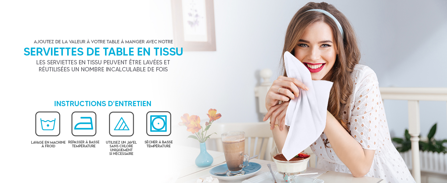 Serviettes de table en tissu réutilisables. Montre les instructions d'entretien et montre une personne utilisant la serviette à table.