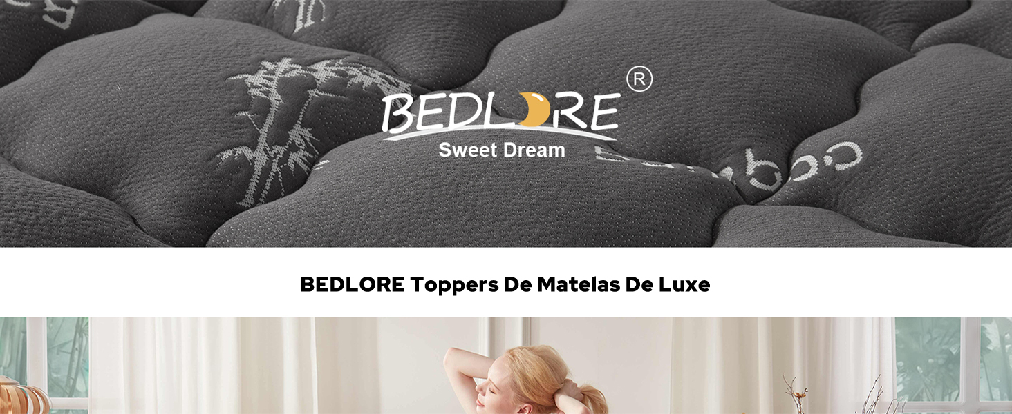 Le texte indique « BEDLORE » et « BEDLORE Tappeeze De Matelas De Luxe ». Gros plan de la surface du matelas capitonné montrant un motif de texture matelassée en niveaux de gris.