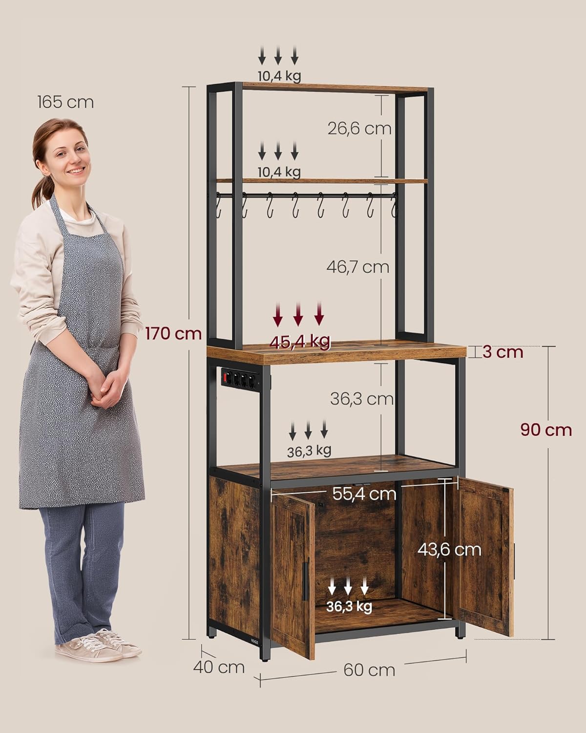 VASAGLE - étagère cuisine série KKS - 40x60x170 cm - avec multiprise, 8 crochets, plan 90 cm, marron/noir KKS058K02