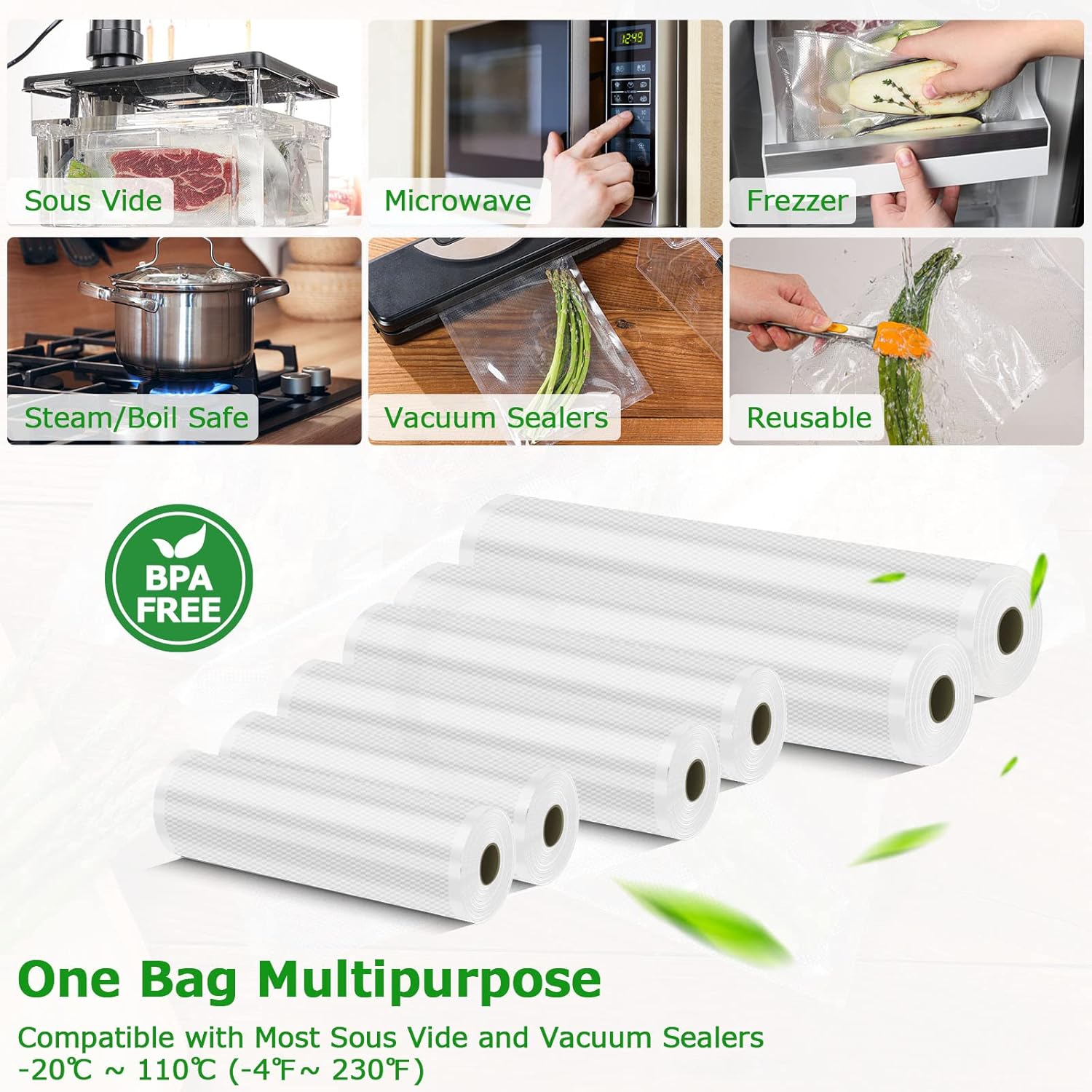 Rouleau sous vide alimentaire - lot de 6 - 28/20/15x300cm - compatible toutes machines