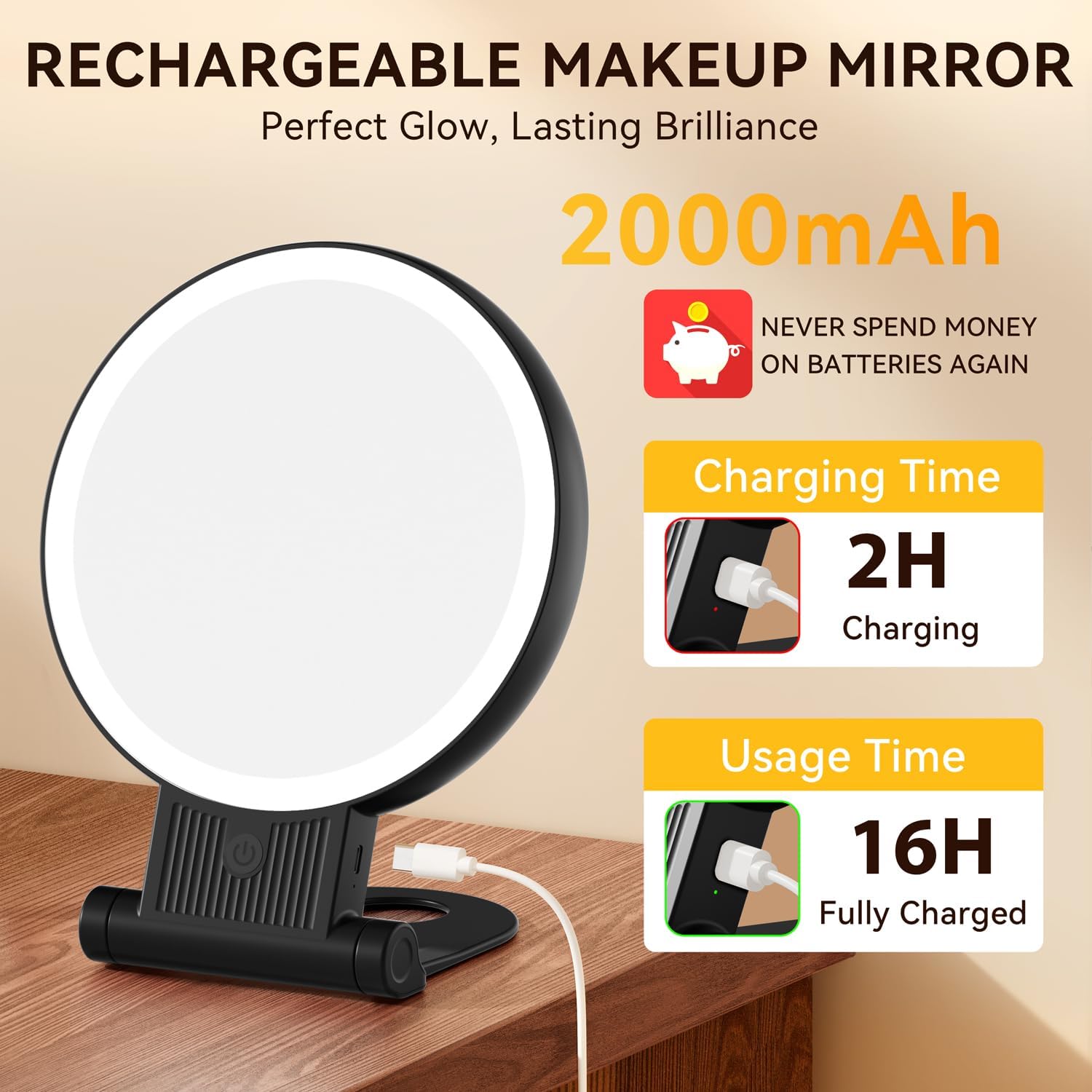 Auxmir - miroir maquillage double face, LED, 30X/1X, 2000mAh, pliable