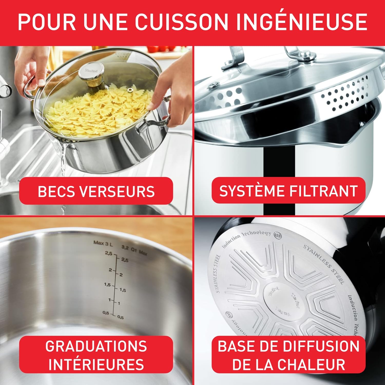 Tefal - Duetto On - batterie cuisine 9 pièces inox, induction, couvercles filtrants, garantie 10 ans - A705S936