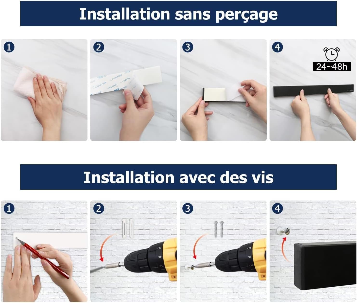 Dmore - barre magnétique série 30 cm - support puissant, 2 crochets, montage adhésif ou vis