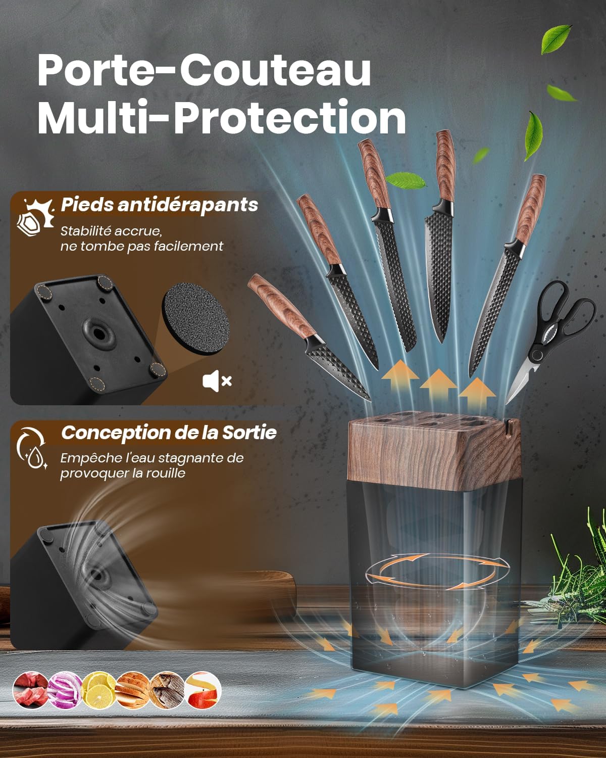 Set couteaux cuisine - 7 pièces, inox, manches ergonomiques, avec bloc