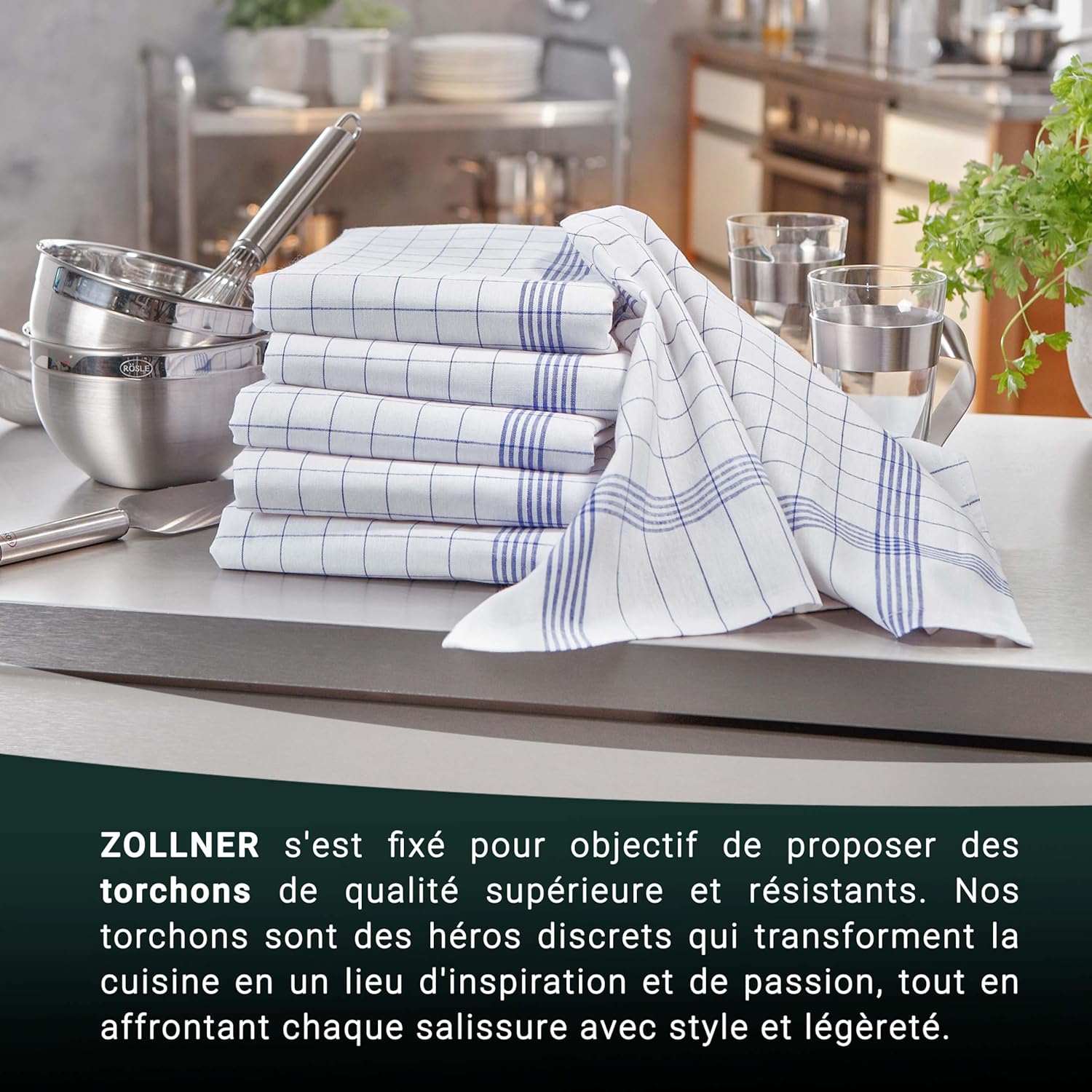 ZOLLNER - Set de torchons cuisine, 50x70 cm, coton, bleu à carreaux