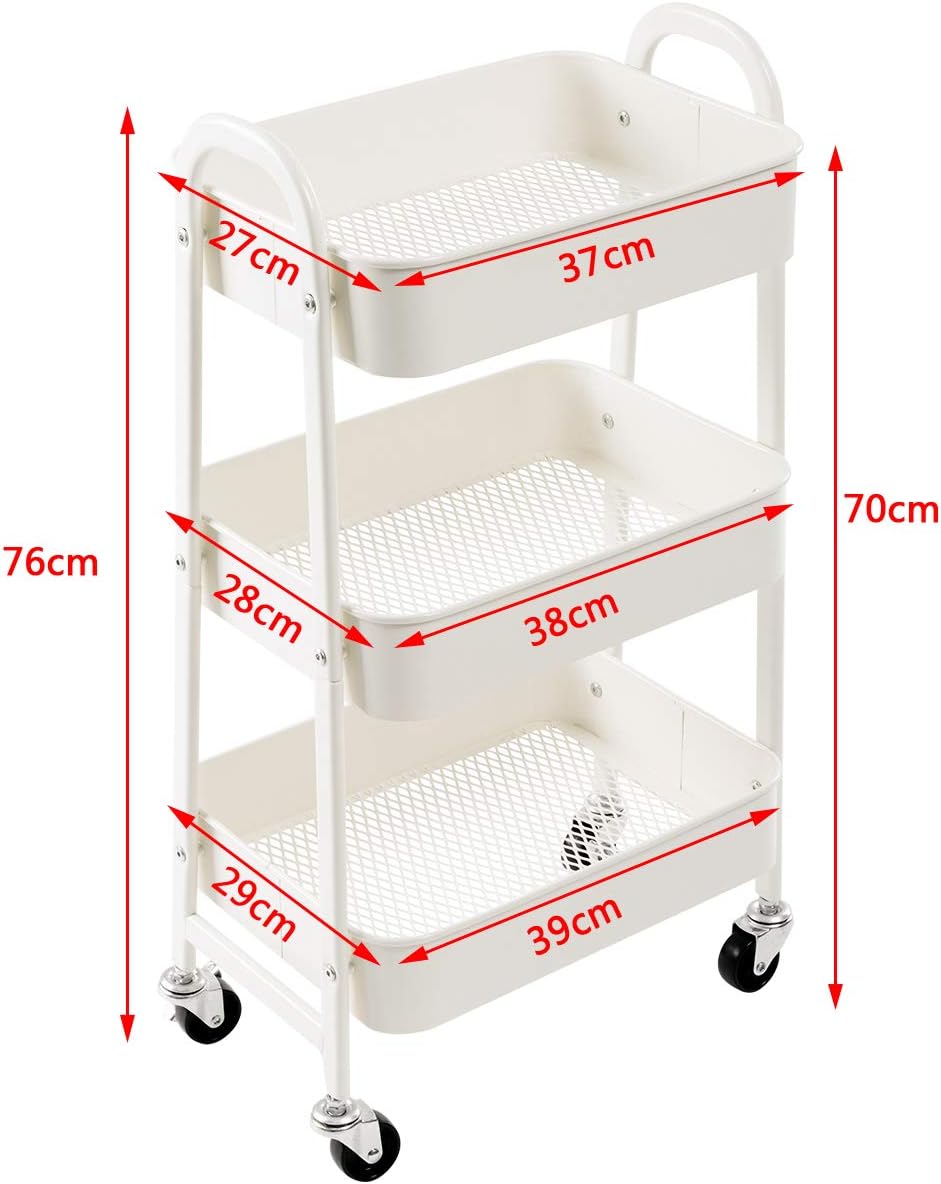 DOEWORKS - chariot métal 3 niveaux, roulettes, blanc, rangement cuisine
