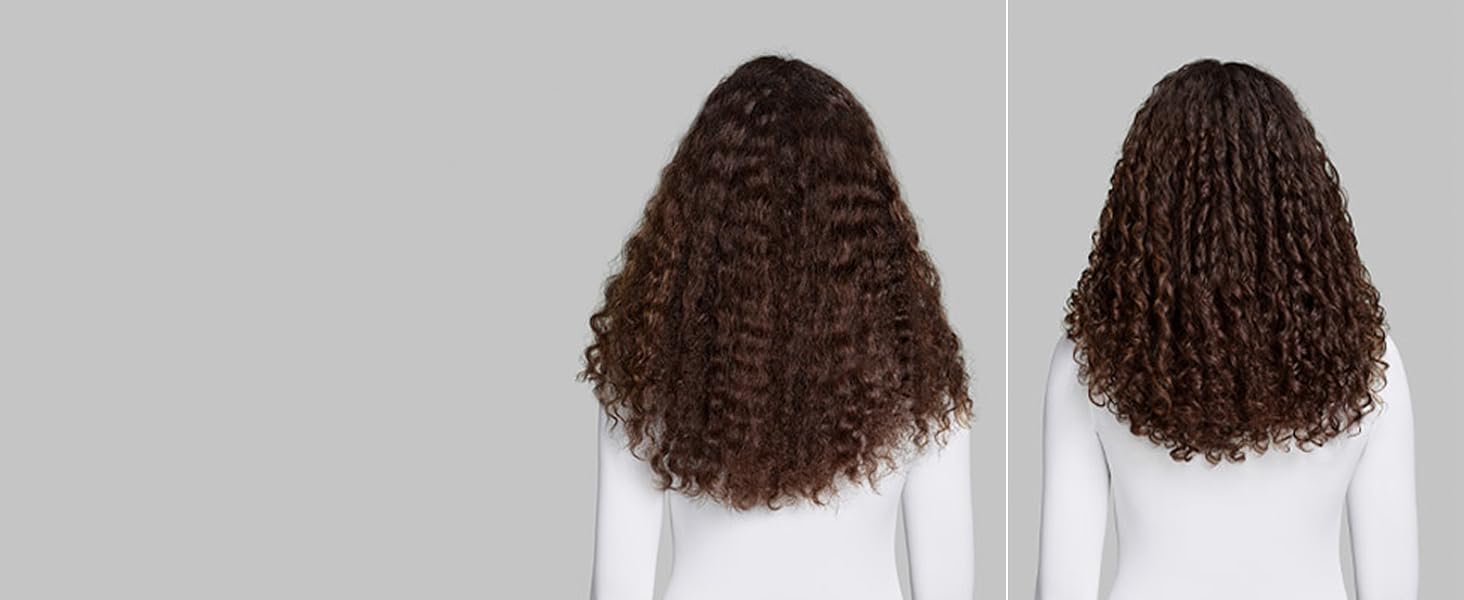 Deux images côte à côte montrant des vues de dos de textures de cheveux bouclés sur fond blanc.
