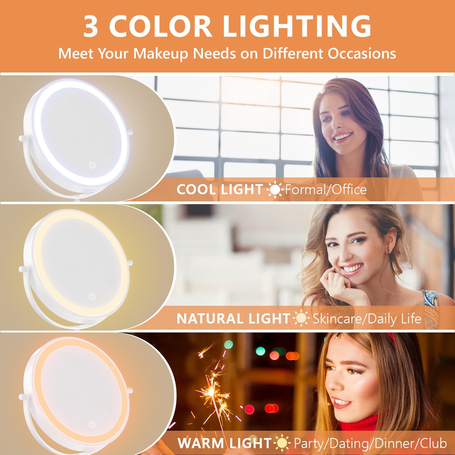 Auxmir - miroir mural LED, x20/1x, USB, 3 couleurs, tactile, 360°